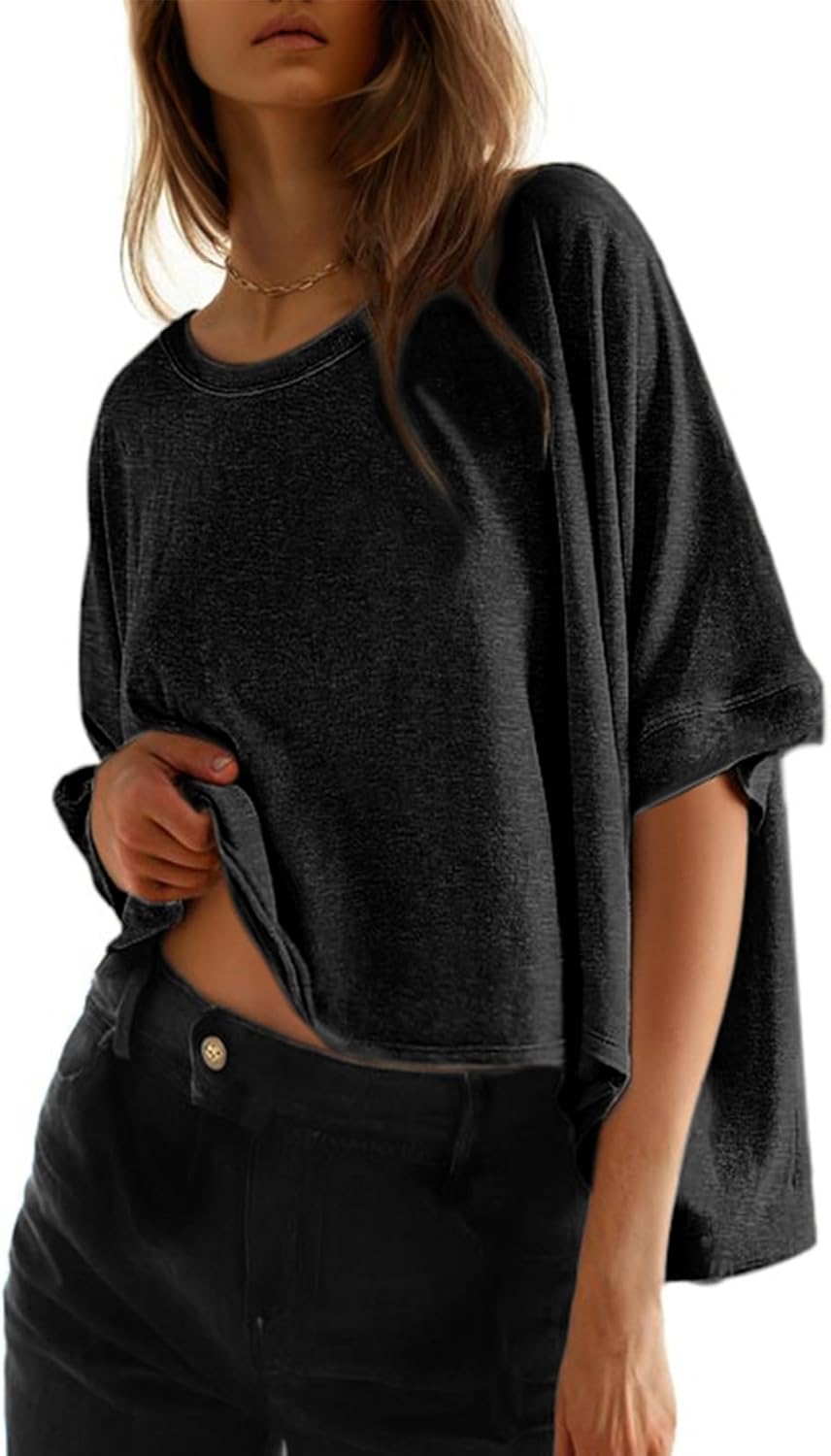 Dokotoo Hauts d'été pour femmes 2026 Dolman manches amples surdimensionnés t-shirts décontractés col rond solide basique