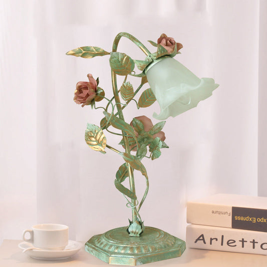 Floral Accent Table Lamp - Green Metal with Flower Decoration - Cottagecore Style