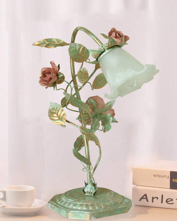 Floral Accent Table Lamp - Green Metal with Flower Decoration - Cottagecore Style